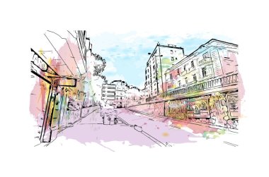 Manako 'nun simgesi olan Print Building View, Mali' deki bir köydür. Vektör içinde elle çizilmiş çizim eşkali ile Waterclor sıçraması.