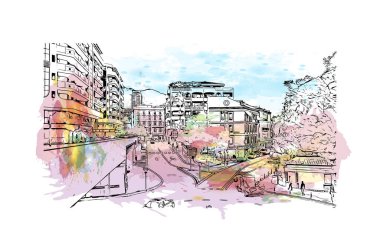 Manako 'nun simgesi olan Print Building View, Mali' deki bir köydür. Vektör içinde elle çizilmiş çizim eşkali ile Waterclor sıçraması.