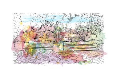 Manako 'nun simgesi olan Print Building View, Mali' deki bir köydür. Vektör içinde elle çizilmiş çizim eşkali ile Waterclor sıçraması.