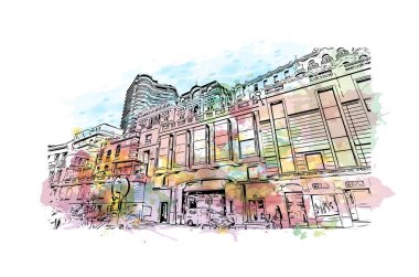 Manako 'nun simgesi olan Print Building View, Mali' deki bir köydür. Vektör içinde elle çizilmiş çizim eşkali ile Waterclor sıçraması.