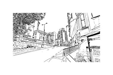 Manako 'nun simgesi olan Print Building View, Mali' deki bir köydür. Vektörde elle çizilmiş çizim çizimi.