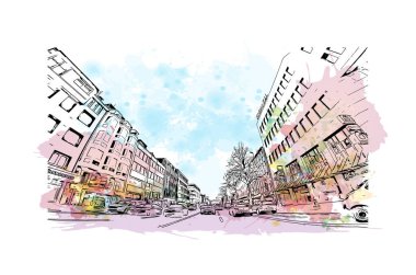 Print Building view Monchengladbach, Almanya 'da bir şehirdir. Vektörde elle çizilmiş resim ile suluboya sıçraması.