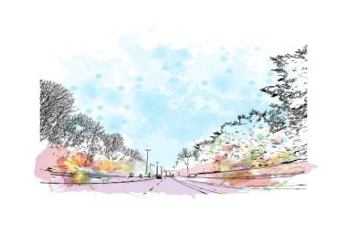 Print Building view Monchengladbach, Almanya 'da bir şehirdir. Vektörde elle çizilmiş resim ile suluboya sıçraması.