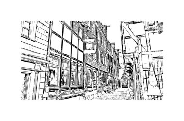Print Building view, Almanya 'nın batısında yer alan bir şehirdir. Vektörde elle çizilmiş çizim çizimi.