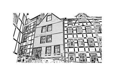 Print Building view, Almanya 'nın batısında yer alan bir şehirdir. Vektörde elle çizilmiş çizim çizimi.
