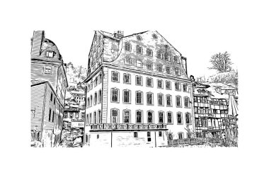 Print Building view, Almanya 'nın batısında yer alan bir şehirdir. Vektörde elle çizilmiş çizim çizimi.