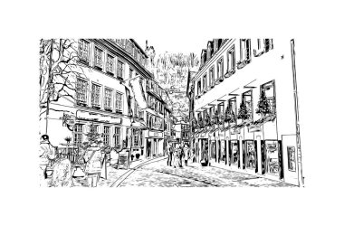 Print Building view, Almanya 'nın batısında yer alan bir şehirdir. Vektörde elle çizilmiş çizim çizimi.