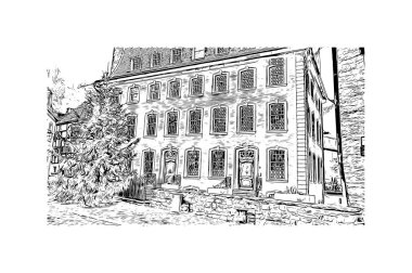 Print Building view, Almanya 'nın batısında yer alan bir şehirdir. Vektörde elle çizilmiş çizim çizimi.