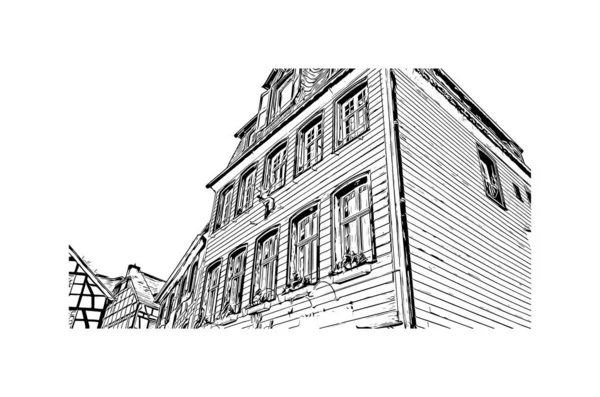 Print Building View Landmark Monschau Town Western Germany Hand Drawn — Stock Vector