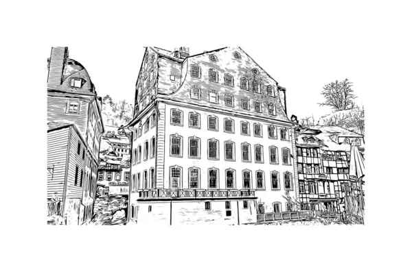 Vytisknout Pohled Budovu Orientačním Bodem Monschau Město Západním Německu Ručně — Stockový vektor