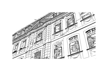 Print Building view, Almanya 'nın batısında yer alan bir şehirdir. Vektörde elle çizilmiş çizim çizimi.