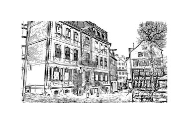 Print Building view, Almanya 'nın batısında yer alan bir şehirdir. Vektörde elle çizilmiş çizim çizimi.