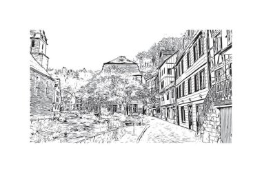 Print Building view, Almanya 'nın batısında yer alan bir şehirdir. Vektörde elle çizilmiş çizim çizimi.