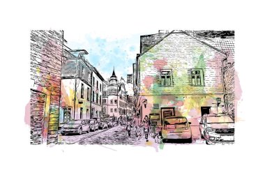 Print Building view, Almanya 'nın batısında yer alan bir şehirdir. Vektörde elle çizilmiş resim ile suluboya sıçraması.