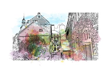 Print Building view, Almanya 'nın batısında yer alan bir şehirdir. Vektörde elle çizilmiş resim ile suluboya sıçraması.