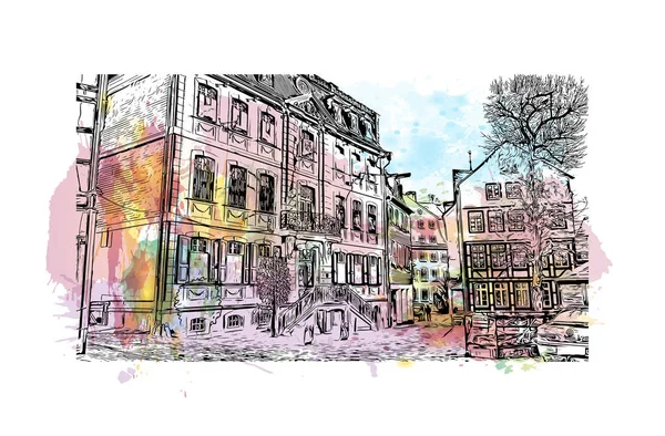 Print Building View Landmark Monschau Stad Västra Tyskland Akvarell Stänk — Stock vektor