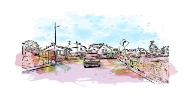 Monterey 'in simgesi olan Print Building View Kaliforniya' da bulunmaktadır. Vektörde elle çizilmiş resim ile suluboya sıçraması.