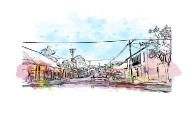 Monterey 'in simgesi olan Print Building View Kaliforniya' da bulunmaktadır. Vektörde elle çizilmiş resim ile suluboya sıçraması.