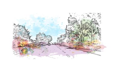 Monterey 'in simgesi olan Print Building View Kaliforniya' da bulunmaktadır. Vektörde elle çizilmiş resim ile suluboya sıçraması.