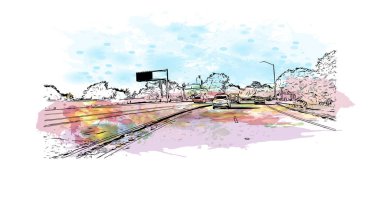 Monterey 'in simgesi olan Print Building View Kaliforniya' da bulunmaktadır. Vektörde elle çizilmiş resim ile suluboya sıçraması.