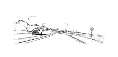 Monterey 'in simgesi olan Print Building View Kaliforniya' da bulunmaktadır. Vektörde elle çizilmiş çizim çizimi.