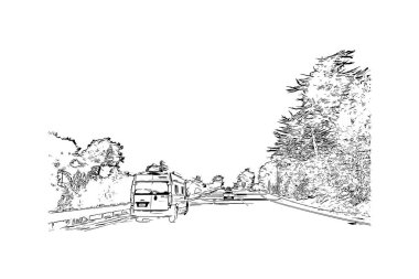 Monterey 'in simgesi olan Print Building View Kaliforniya' da bulunmaktadır. Vektörde elle çizilmiş çizim çizimi.