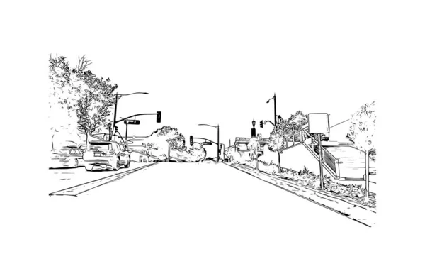 Print Building View Landmark Monterey City California Hand Drawn Sketch — Stock Vector