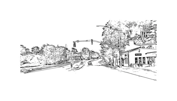 印刷モントレーのランドマークとビルの景色はカリフォルニア州の街です 手描きのスケッチ図ベクトル — ストックベクタ