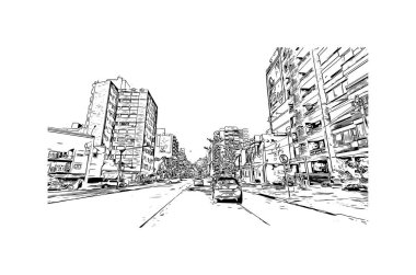 Montevideo 'nun simgesi olan Print Building view Uruguay' ın başkentidir. Vektörde elle çizilmiş çizim çizimi.