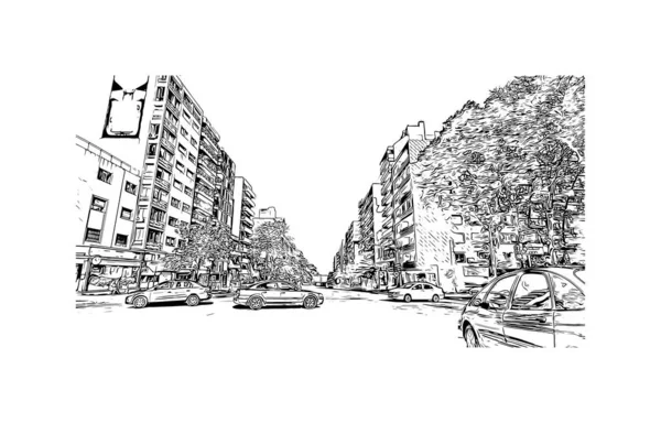 Print Building Vista Com Marco Montevidéu Capital Uruguai Desenho Desenhado — Vetor de Stock