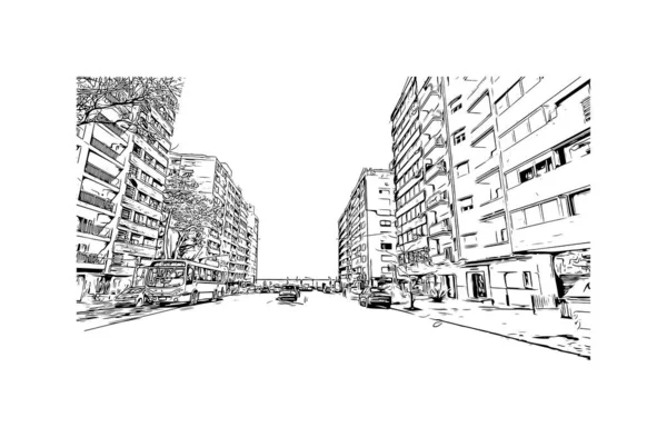 Imprimir Vista Del Edificio Con Hito Montevideo Capital Uruguay Dibujo — Archivo Imágenes Vectoriales