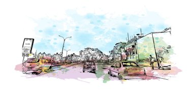 Montevideo 'nun simgesi olan Print Building view Uruguay' ın başkentidir. Vektörde elle çizilmiş resim ile suluboya sıçraması.