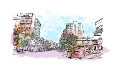 Montevideo 'nun simgesi olan Print Building view Uruguay' ın başkentidir. Vektörde elle çizilmiş resim ile suluboya sıçraması.