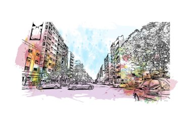 Montevideo 'nun simgesi olan Print Building view Uruguay' ın başkentidir. Vektörde elle çizilmiş resim ile suluboya sıçraması.
