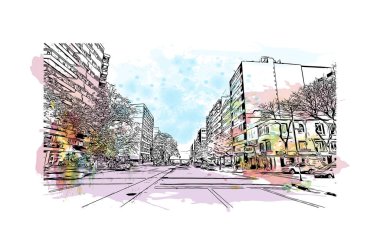 Montevideo 'nun simgesi olan Print Building view Uruguay' ın başkentidir. Vektörde elle çizilmiş resim ile suluboya sıçraması.