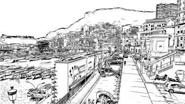 Print Building view with landmark of Monaco is the country of Europe. Vektörde elle çizilmiş çizim çizimi. 