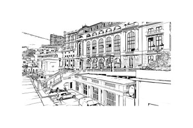 Print Building view with landmark of Monaco is the country of Europe. Vektörde elle çizilmiş çizim çizimi. 