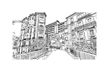 Print Building view with landmark of Monaco is the country of Europe. Vektörde elle çizilmiş çizim çizimi. 