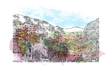 Print Building view with landmark of Monaco is the country of Europe. Vektörde elle çizilmiş resim ile suluboya sıçraması. 