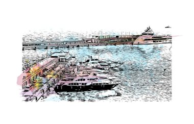 Print Building view with landmark of Monaco is the country of Europe. Vektörde elle çizilmiş resim ile suluboya sıçraması. 