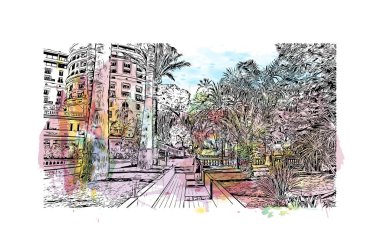 Print Building view with landmark of Monaco is the country of Europe. Vektörde elle çizilmiş resim ile suluboya sıçraması. 