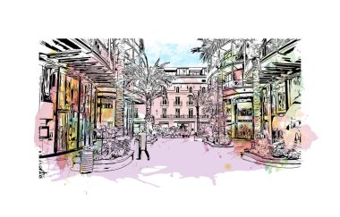 Print Building view with landmark of Monaco is the country of Europe. Vektörde elle çizilmiş resim ile suluboya sıçraması. 