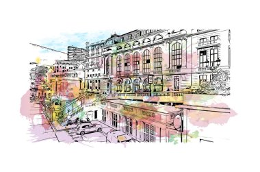 Print Building view with landmark of Monaco is the country of Europe. Vektörde elle çizilmiş resim ile suluboya sıçraması. 