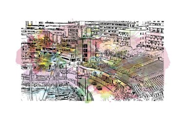 İtalya 'nın Montepulciano şehrinin simgesi olan Print Building Manzarası. Vektörde elle çizilmiş çizim çizimi.