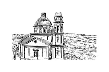 İtalya 'nın Montepulciano şehrinin simgesi olan Print Building Manzarası. Vektörde elle çizilmiş çizim çizimi.