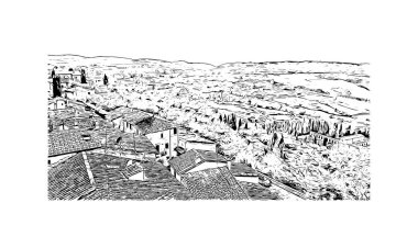 İtalya 'nın Montepulciano şehrinin simgesi olan Print Building Manzarası. Vektörde elle çizilmiş çizim çizimi.