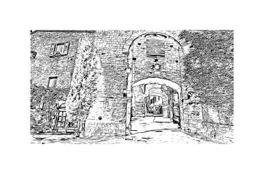 İtalya 'nın Montepulciano şehrinin simgesi olan Print Building Manzarası. Vektörde elle çizilmiş çizim çizimi.