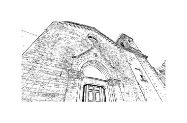İtalya 'nın Montepulciano şehrinin simgesi olan Print Building Manzarası. Vektörde elle çizilmiş çizim çizimi.