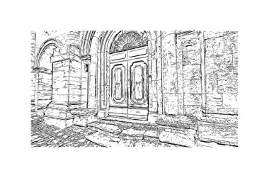 İtalya 'nın Montepulciano şehrinin simgesi olan Print Building Manzarası. Vektörde elle çizilmiş çizim çizimi.