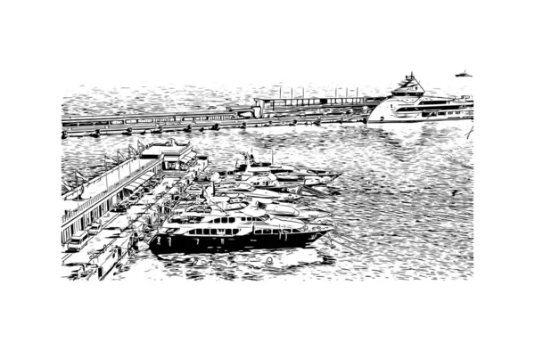 Print Building view with landmark of Monaco is the country of Europe. Vektörde elle çizilmiş çizim çizimi. 